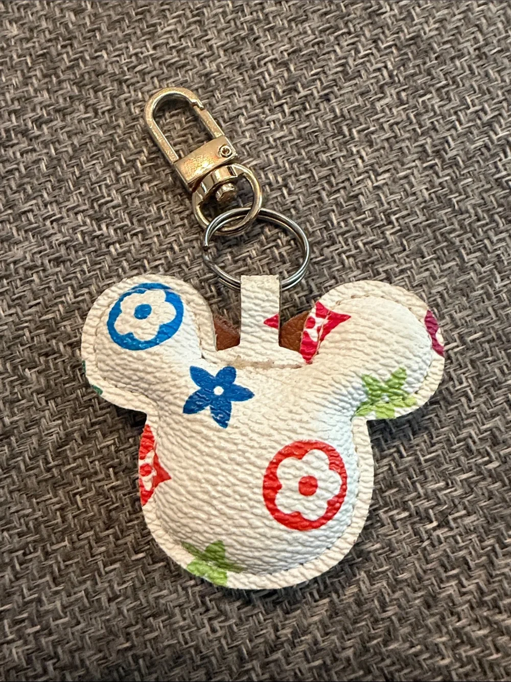 White Mickey Mouse Ear Keychain with Multicolor Monogram and Brown Bow